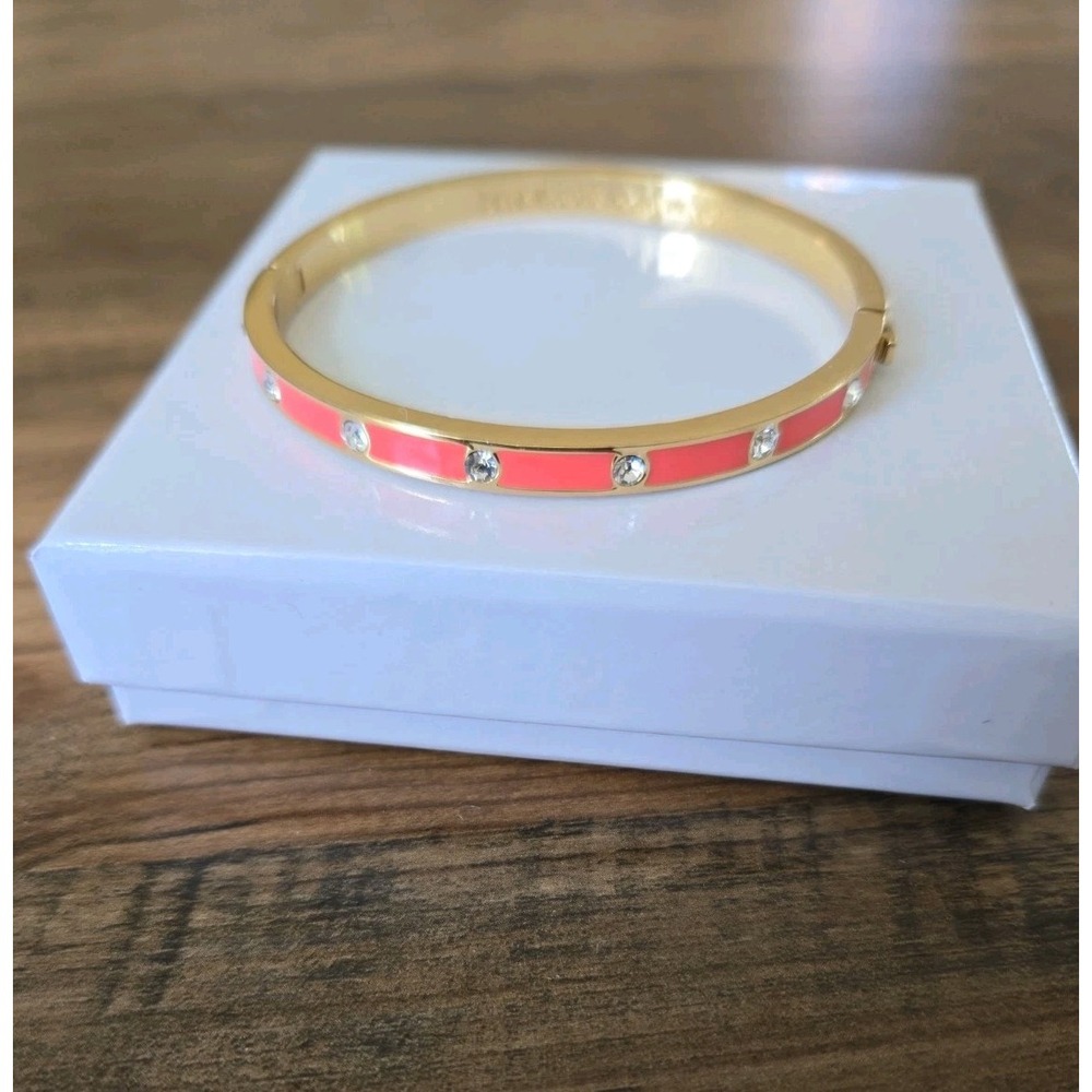 Kate Spade New York Gold Tone/Coral Pink Enamel Crystals Hinged Bangle Bracelet